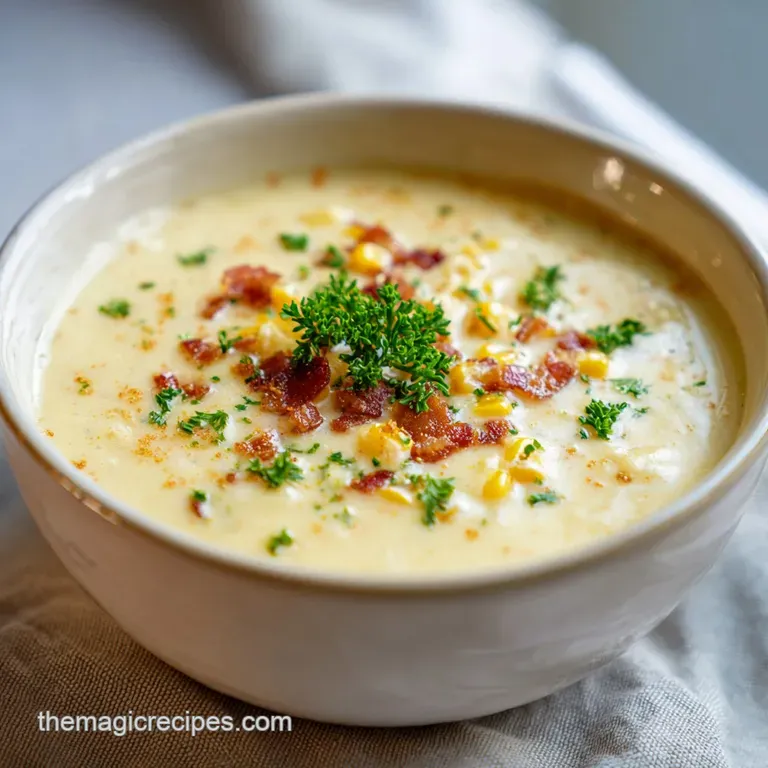 Elegant bowl of golden corn chowder, garnished with fresh herbs and crispy bacon, set on a rustic wooden table.