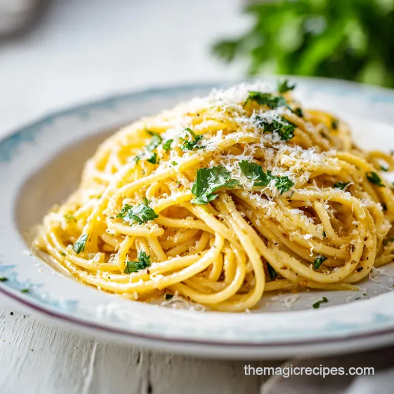 Elegant plate of twirled creamy pasta. Speckled with fresh herbs, the rich, light-colored sauce coats each strand.