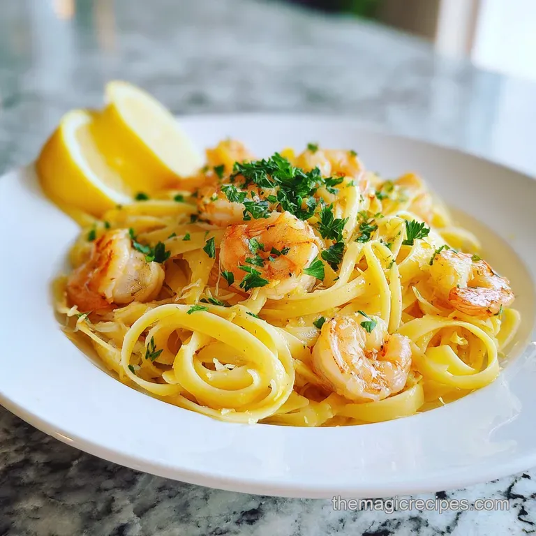 Elegant plate of lemon shrimp pasta with bright yellow sauce and parsley sprig. Shrimp are arranged artfully on the twirle...