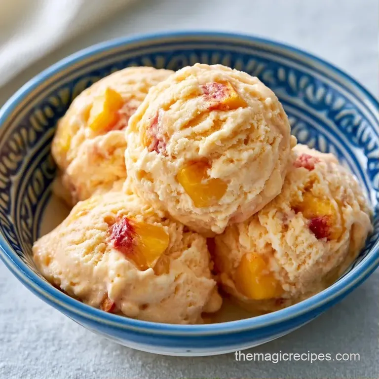 A smooth scoop of pale orange frozen dessert on a marble plate, garnished with a golden honey drizzle and peach wedges.