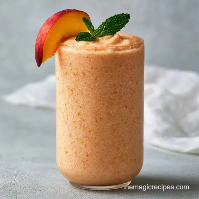 Pale orange creamy shake in a tall glass with fluffy whipped cream and a mint leaf on a white marble tabletop.