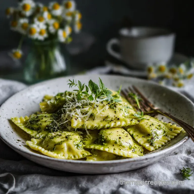 Glossy pesto ravioli artfully arranged on a white plate. A sprinkle of cheese and basil adds freshness and visual appeal.