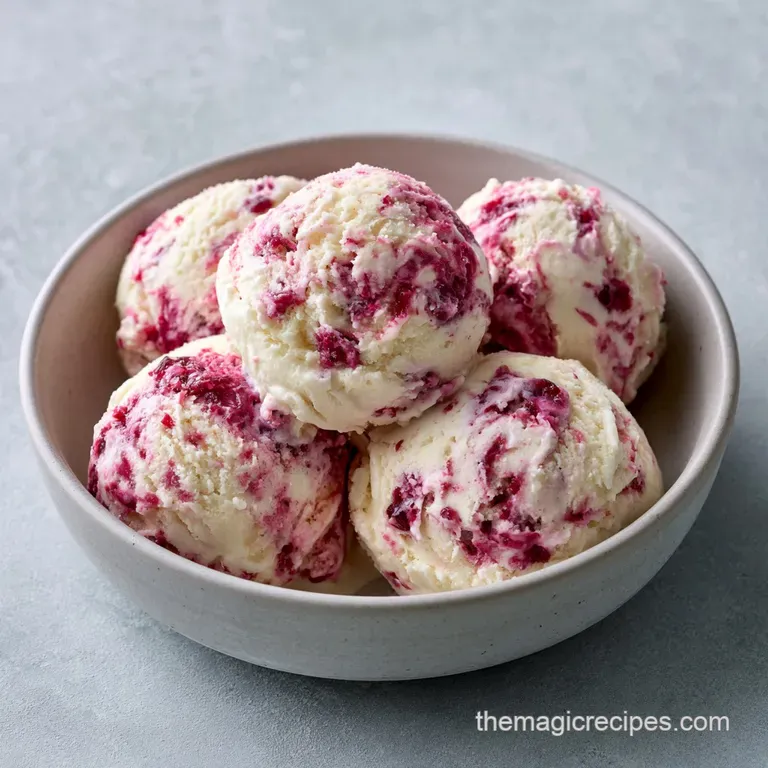 Two smooth scoops of pink frozen dessert on a white plate, garnished with fresh mint and a drizzle of red syrup.