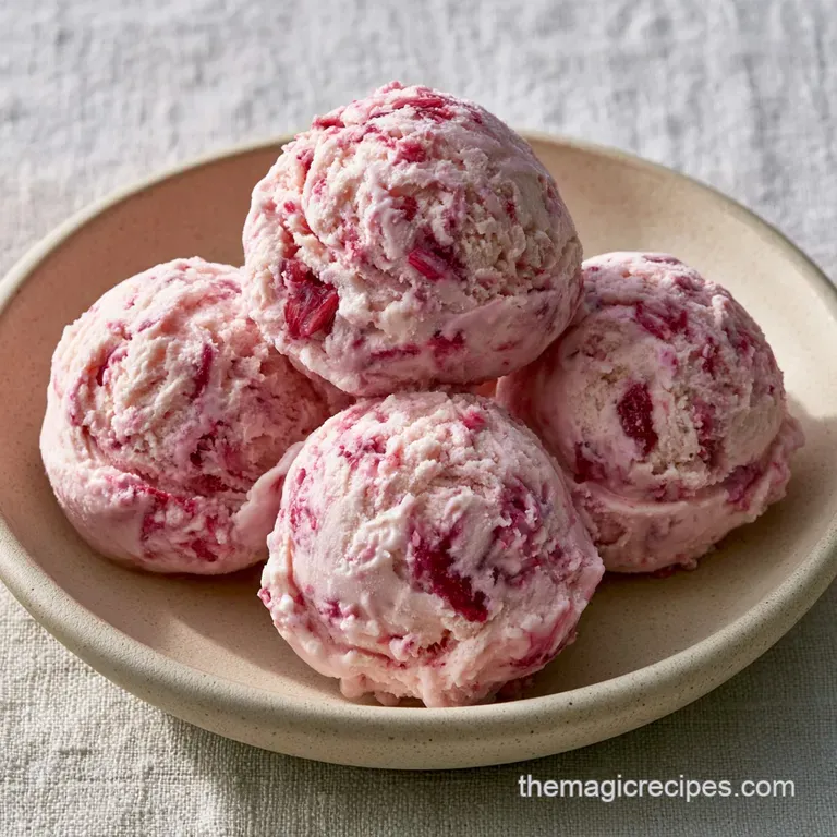 Three scoops of pale pink frozen dessert on a white ceramic plate, garnished with a fresh mint leaf and red berries.