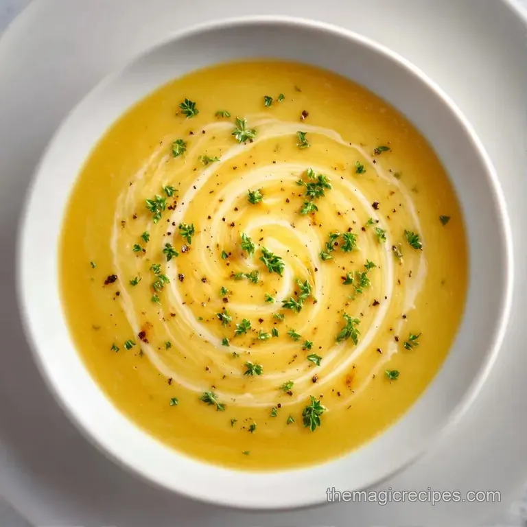 Elegant bowl of pale gold soup paired with toasted sourdough slices on a rustic wooden table with a linen napkin.
