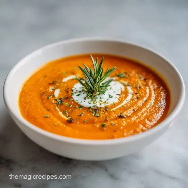 A white porcelain bowl of thick orange puree topped with a dollop of creme fraiche and a sprig of parsley.