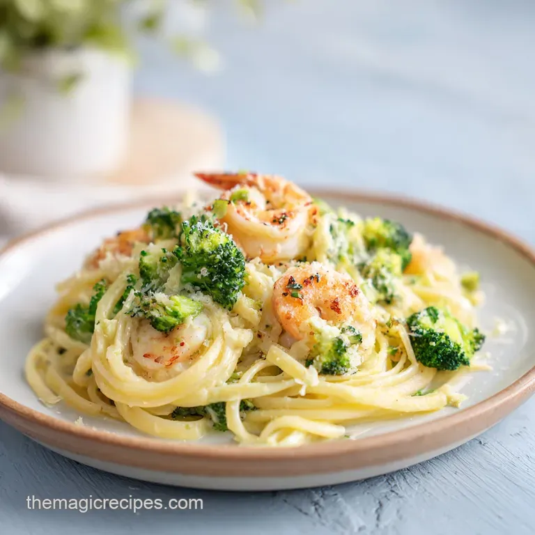 Elegant swirl of al dente pasta with vibrant green broccoli and succulent shrimp, dusted with parmesan.