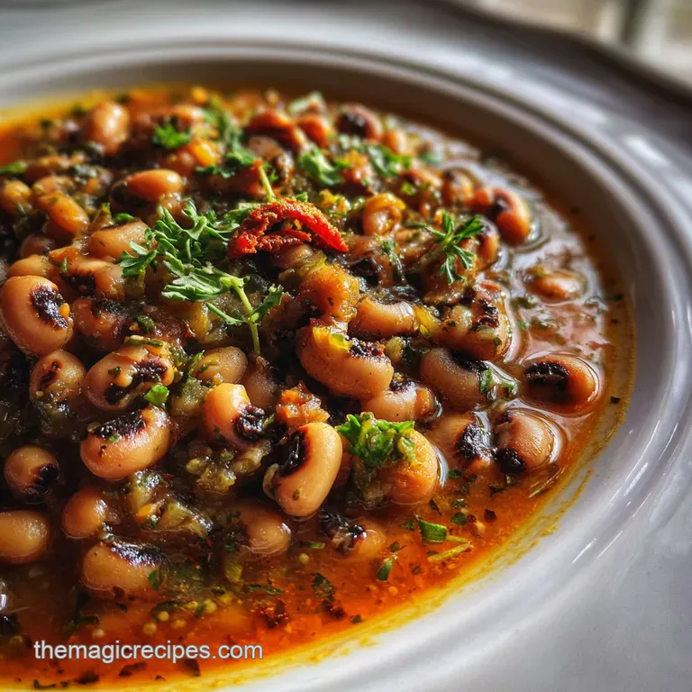 Creamy black eyed peas, studded with colorful peppers and scallions, served in a bright white bowl, garnished with herbs.