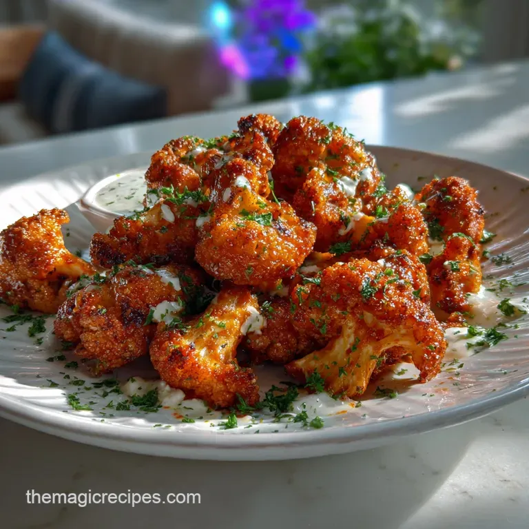 Crispy buffalo cauliflower, artistically plated on a white ceramic dish with a drizzle of cooling ranch dressing and fresh...