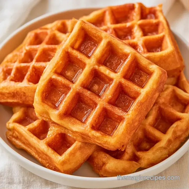 A stack of fluffy, golden-brown waffles with crisp edges, arranged neatly on a ceramic plate in soft light.