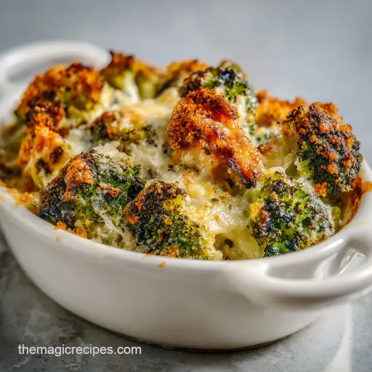 A rustic bowl brimming with tender, cheesy baked broccoli, a warm and inviting side.