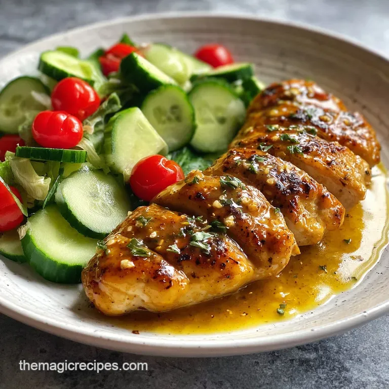 Garnished chicken thigh glistening on a plate, with a creamy sauce drizzle and vibrant greens providing a pop of color and...