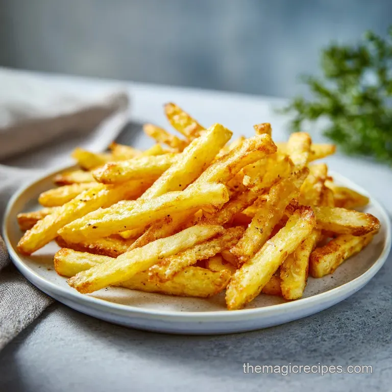 A neat pile of perfectly baked golden fries, artfully arranged on a white plate with a sprinkle of herbs.