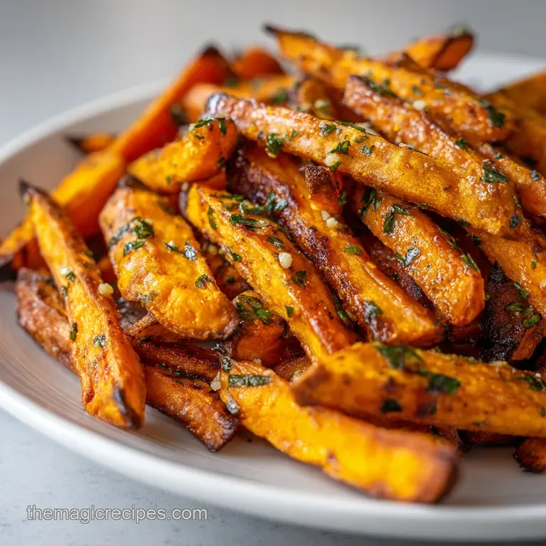 Air fryer sweet potato fries plated with a creamy dip. Herb sprigs garnish the warm, rustic dish. Golden-brown and inviting.