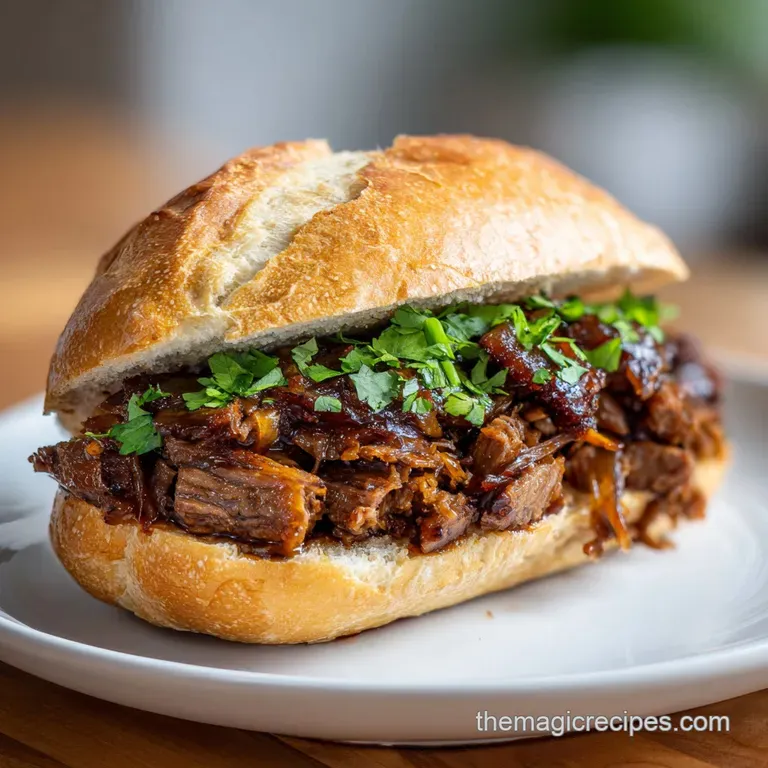 A close-up on tender, smoky brisket sandwich revealing layers of tender beef, vibrant slaw, and glistening barbecue sauce.