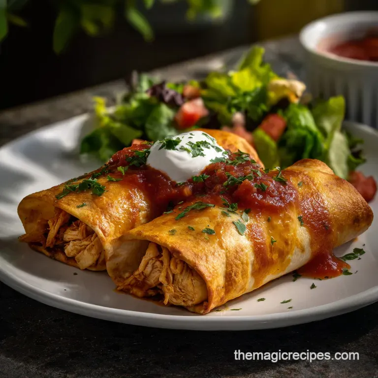 Two golden-brown chicken chimichangas plated with dollops of sour cream, vibrant salsa, and a sprinkle of fresh cilantro.