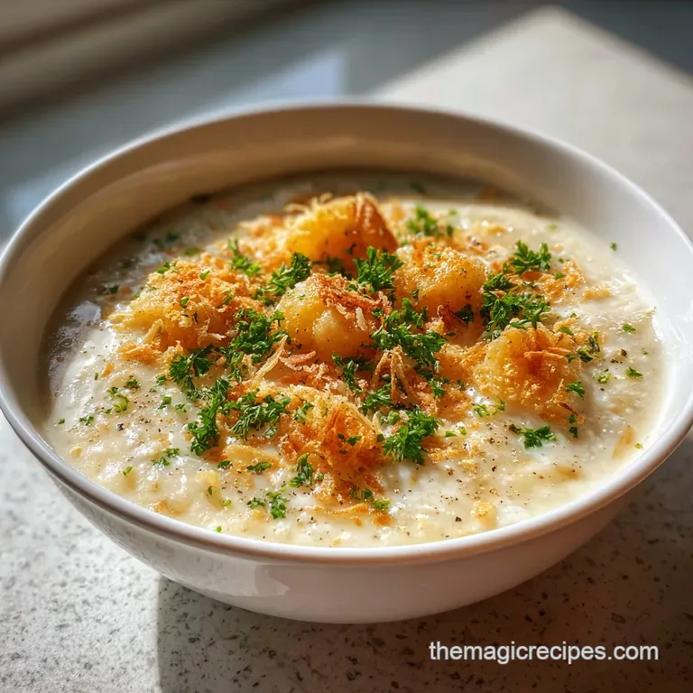 Creamy potato soup swirled with cheese and topped with bacon. A rustic bowl sits on a wooden surface with a spoon.