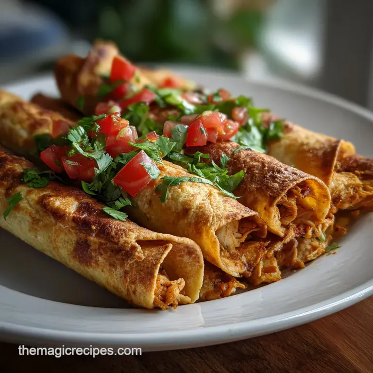 Crispy baked taquitos artfully arranged on a plate, topped with vibrant green avocado crema and sprinkled with chili flakes.