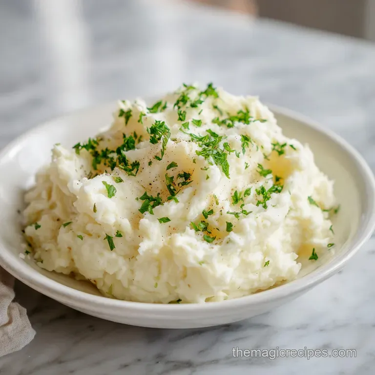 A smooth swirl of creamy mashed potatoes in a white bowl, topped with fresh chives and a pat of melting butter; inviting a...