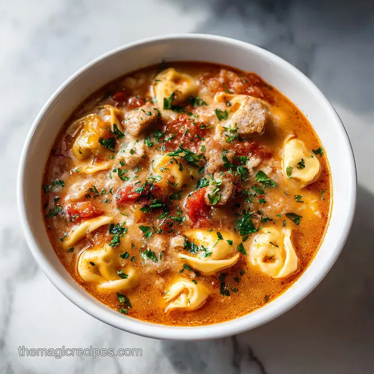 A steaming bowl of cheesy tortellini soup with chunks of sausage, topped with fresh parsley. The soup's broth glistens war...