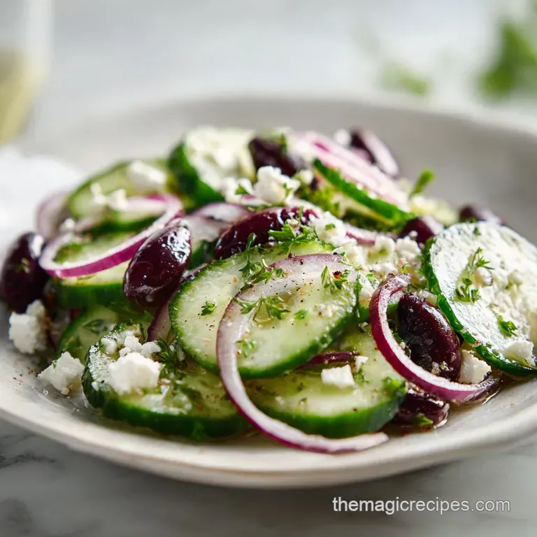 A bright white bowl filled with sliced cucumbers, feta chunks, and red onion, topped with a sprig of fresh mint leaves.