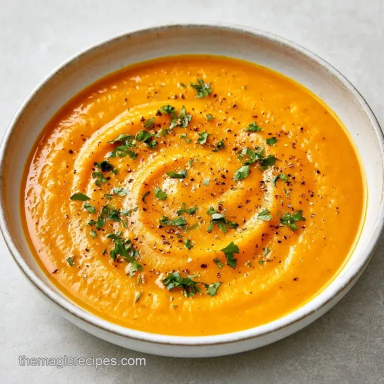 A shallow porcelain bowl of smooth orange soup finished with a coconut cream swirl and a sprig of fresh cilantro.