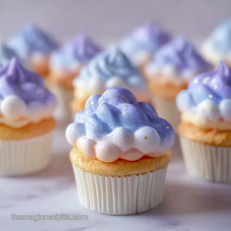 Delicate mini cupcake on a pristine white dessert plate, showcasing soft, creamy frosting and a dusting of edible glitter ...