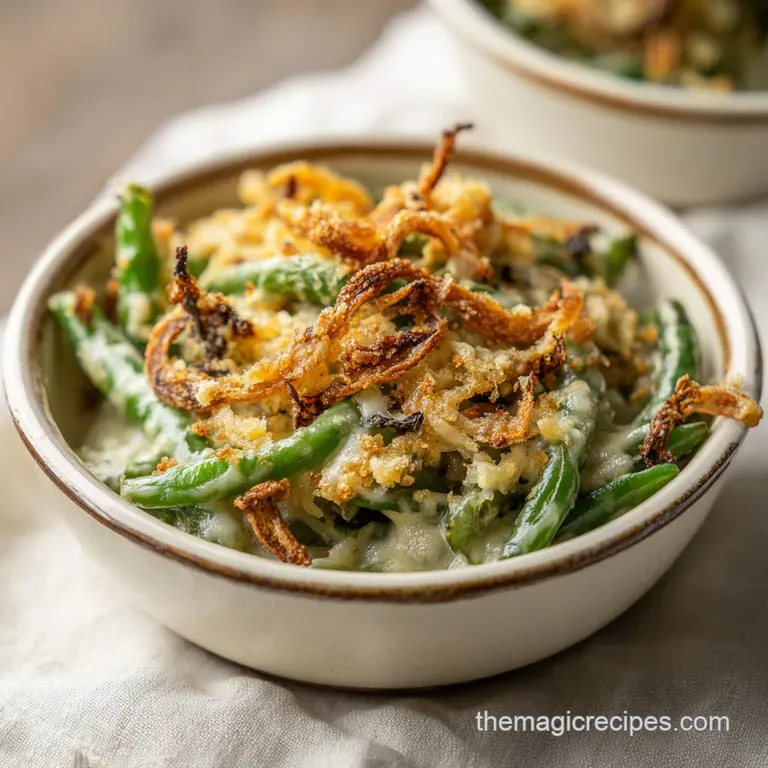 A warm scoop of creamy green bean casserole with a crisp topping, presented invitingly in a rustic bowl.