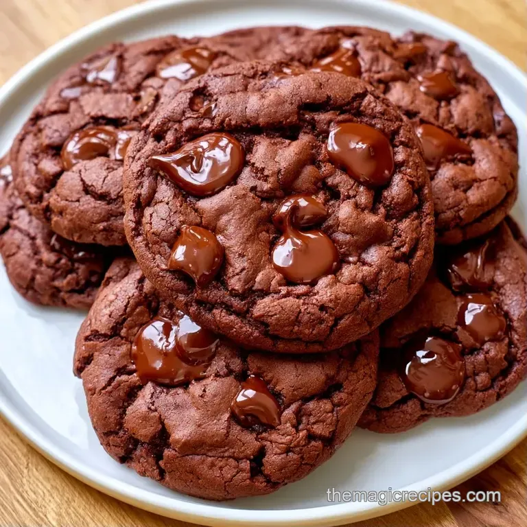 A stack of rich, dark cocoa cookies on a ceramic plate, accented by a glass of cold milk and fresh mint leaves.
