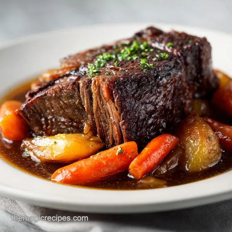 Flaky pot roast slices fanned on a rustic plate, topped with a glossy wine reduction and a sprinkle of fresh herbs.