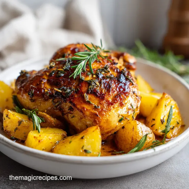 Tender chicken pieces and crispy potato wedges arranged artfully on a white plate, garnished with fresh herbs.