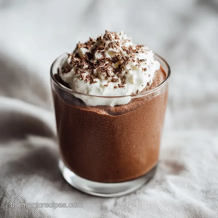 Silky chocolate mousse elegantly swirled in glass ramekins, topped with a single raspberry.