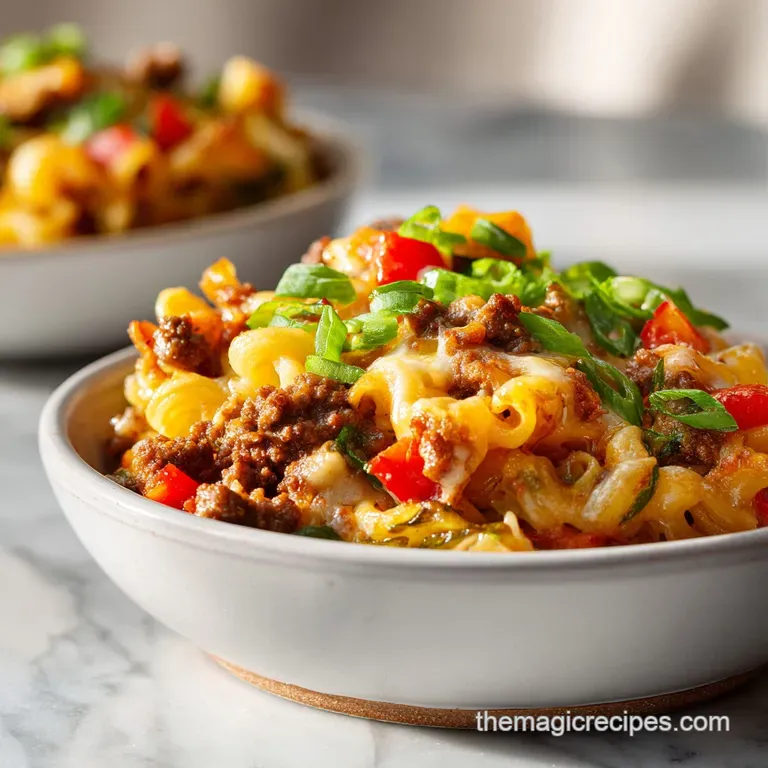 A generous scoop of rich hamburger casserole, topped with melted cheese and fresh parsley, elegantly served.