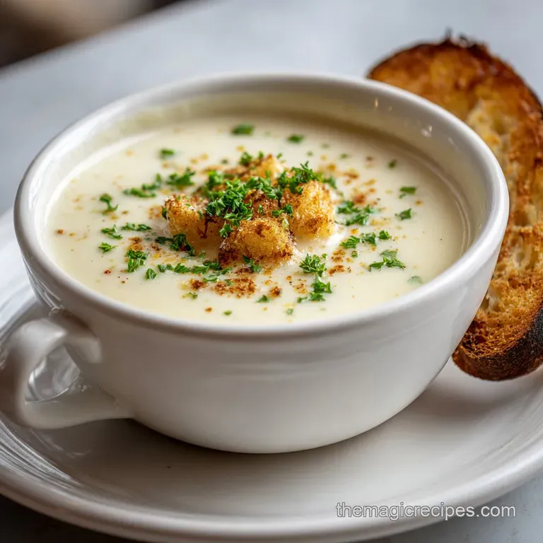 Smooth, creamy baked potato soup elegantly served in a bowl, garnished with colorful toppings & crusty bread.