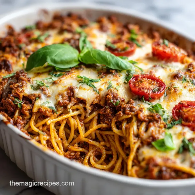 A generous portion of baked spaghetti, steam rising, plated beautifully with a vibrant green basil garnish and a dusting o...