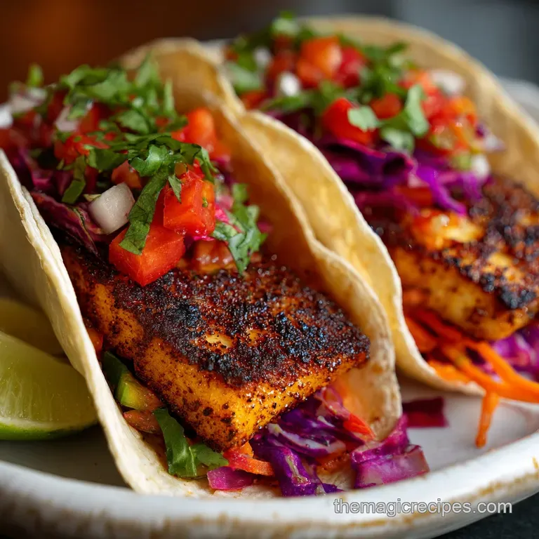 A single blackened fish taco, artfully plated, showcases the flaky fish, colorful slaw, and a drizzle of creamy sauce.