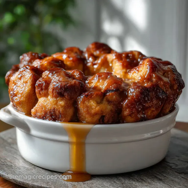 Warm, inviting monkey bread artfully arranged on a rustic wooden board. The glistening caramel sauce adds a touch of elega...