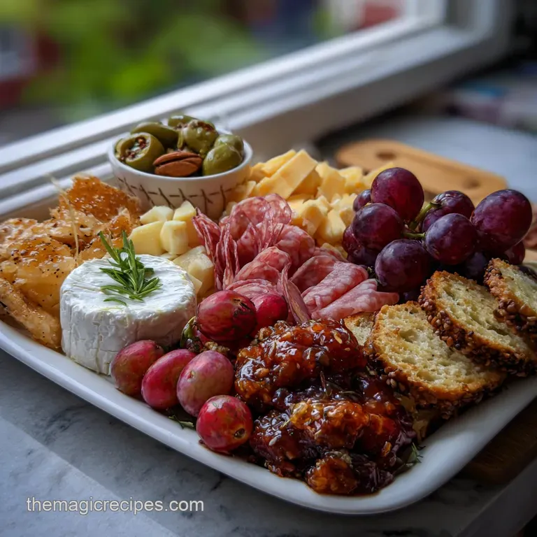 Artfully arranged platter with an assortment of cheeses, salami, and accompaniments. Rustic wooden board with a balanced, ...