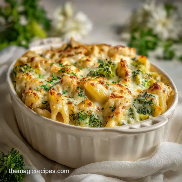Plated chicken alfredo bake with broccoli florets. A creamy sauce glistens invitingly over tender chicken and pasta.
