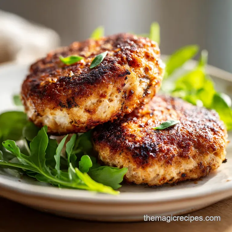 Savory chicken patty with creamy white yogurt sauce swirled on a plate, bright green herbs sprinkled attractively for cont...