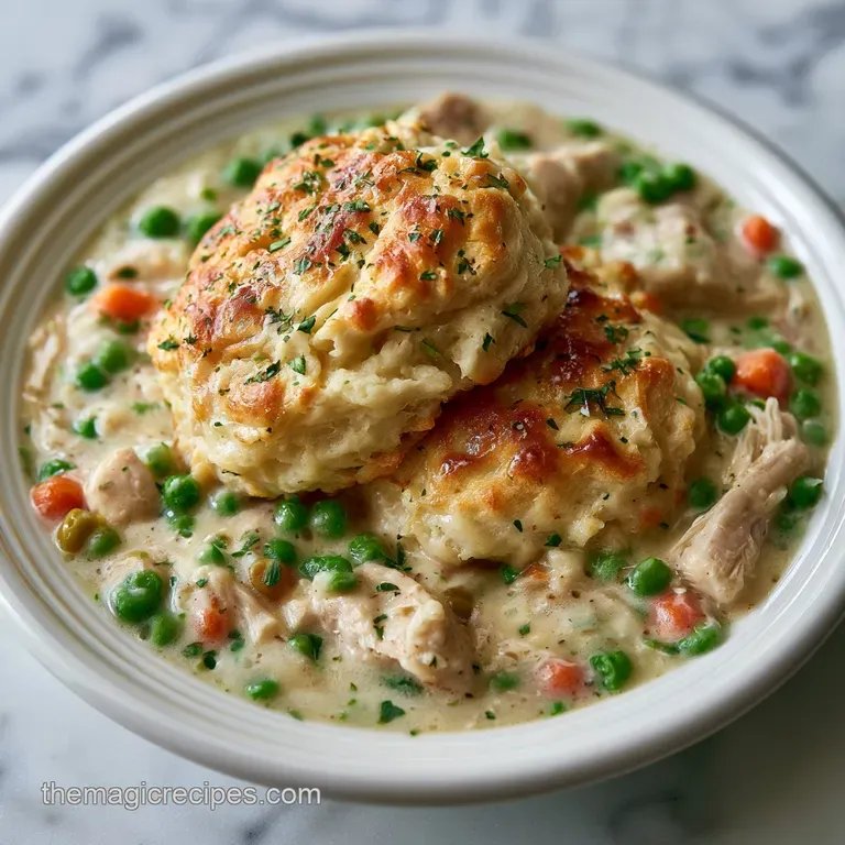 Hearty creamy chicken and vegetable stew topped with a flaky, golden biscuit on a clean white porcelain plate.