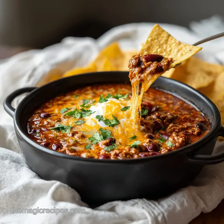 Warm, gooey chili cheese dip served in a small cast-iron skillet, with a sprinkle of fresh chives and a side of tortilla c...