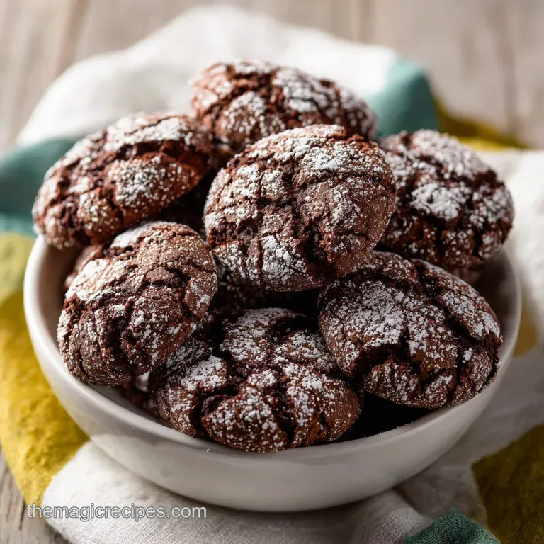 A rustic wooden board showcases a generous pile of rich chocolate crinkle cookies, artfully arranged.