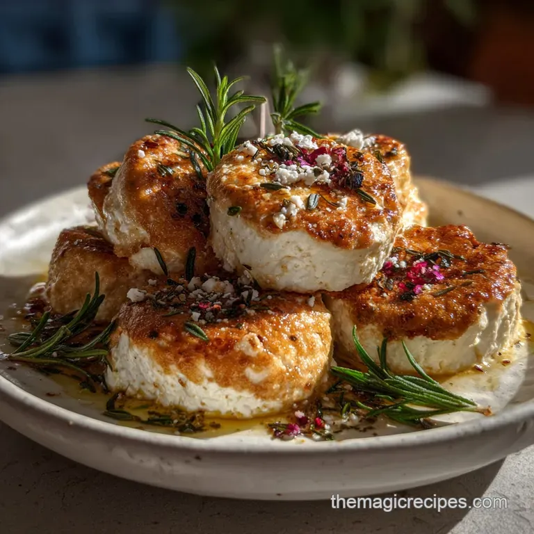 Creamy cheese ball elegantly plated. Garnished with fresh herbs and served alongside artisan crackers for a sophisticated ...