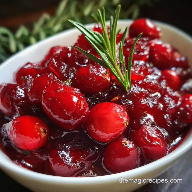 Festive ruby-red cranberry sauce in a glass serving dish, adorned with sugared rosemary sprigs, hints of steam, hints of s...
