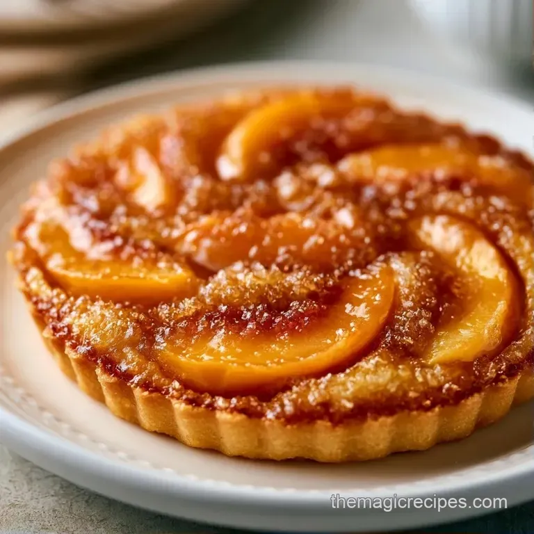 A thick slice of warm peach tart with melting vanilla ice cream and a sprinkle of cinnamon on a white ceramic plate.