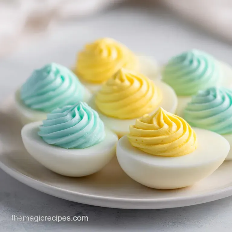 A row of elegant white egg cups filled with smooth yellow cream and a tiny sprinkle of red paprika spice.