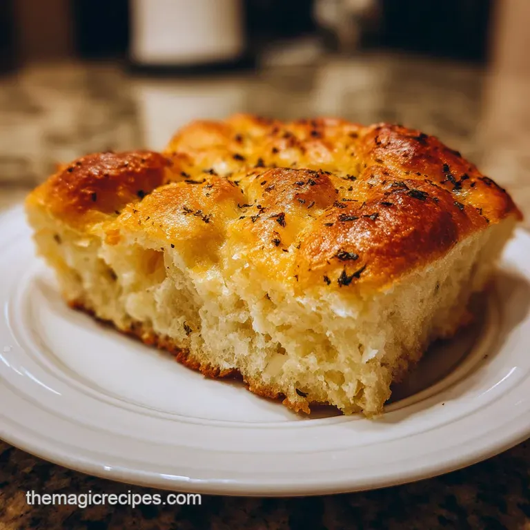 A rustic slice of focaccia, glistening with olive oil & sea salt, rests on a linen napkin. Warm, inviting, and ready to en...