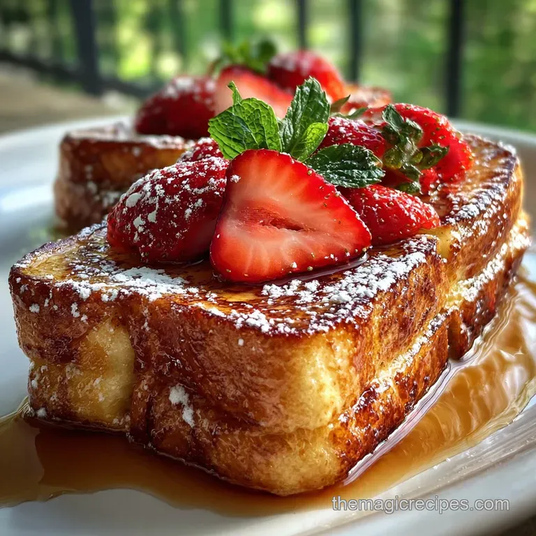 Buttery French toast triangles stacked on a plate, topped with plump, juicy berries and creamy whipped cream.