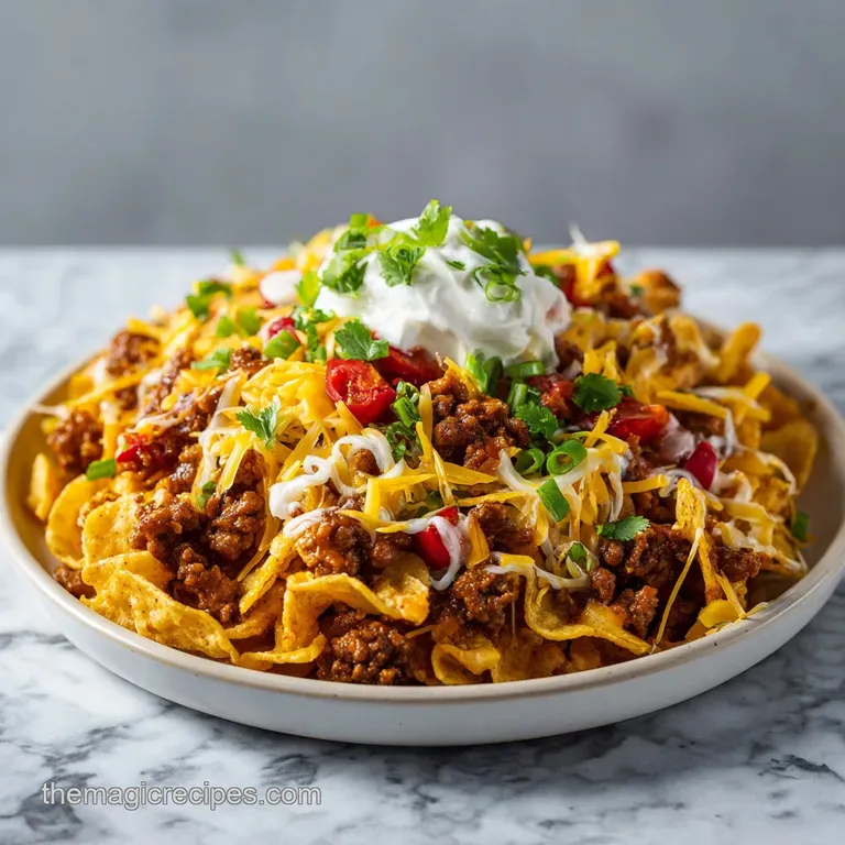 Individual Frito pie in a bowl, steam rising; bright red chili, golden chips, and a dollop of cool sour cream.